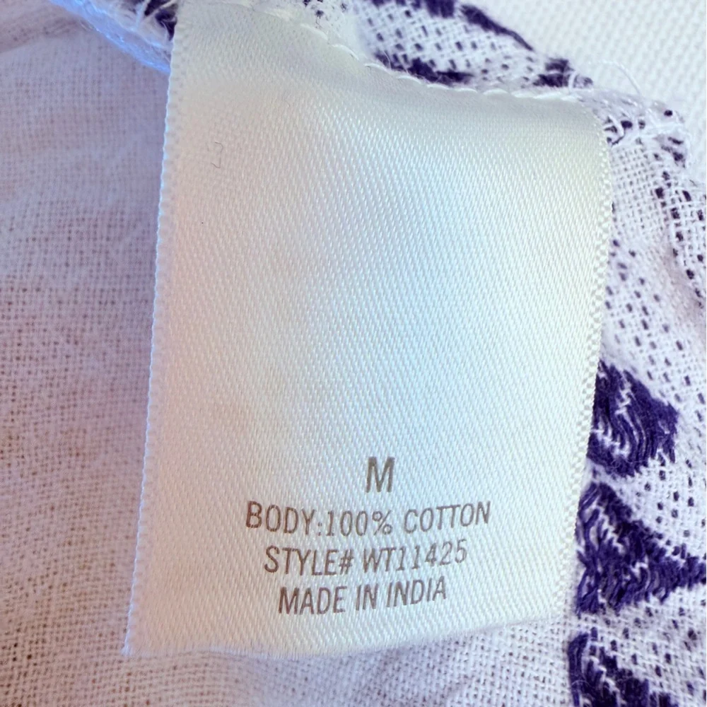 Jun & Ivy Cotton Mediterranean Blue White Notch V Neck Ruffle Hem Bohemian Top M - Picture 7 of 9